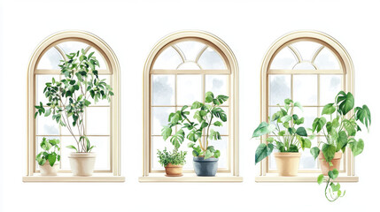 Set of three different arched windows with green plants in pots on the window sills