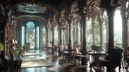 Fototapeta premium Elegant and Serene Tea Parlor with Intricate Architecture
