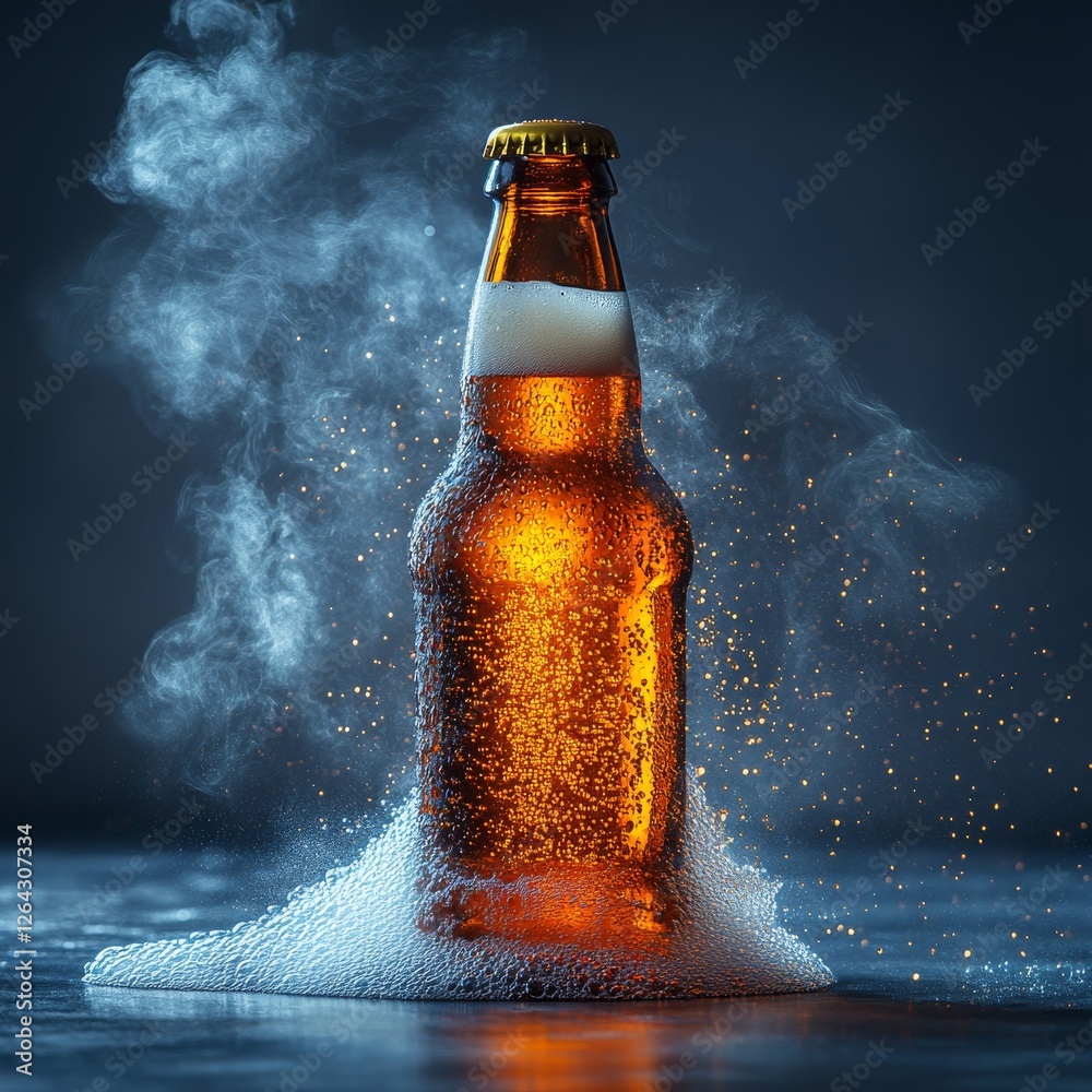 Aufkleber an icy beer bottle: golden liquid and foamy overflow, enhanced by condensation and evaporation creat