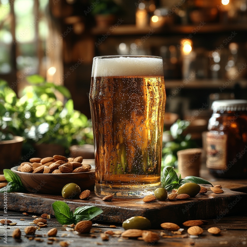 Aufkleber A Refreshing Beer with Almonds and Olives: A Relaxing Break at the Bar with a Rustic Charm in this Cozy Setting.