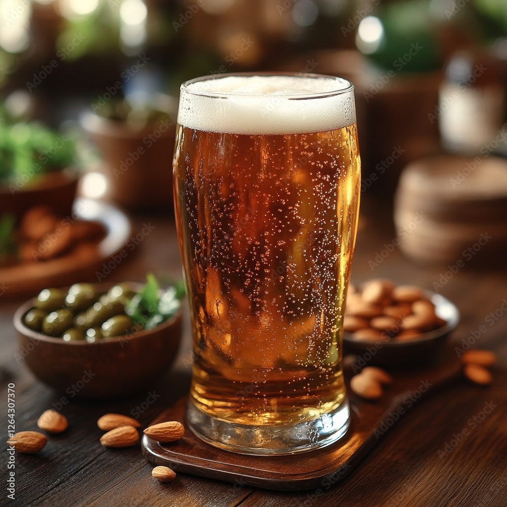 Poster a refreshing craft beer with olives and almonds: an inviting image of a glass of golden beer with a 
