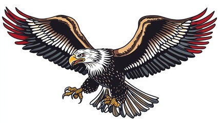 Fototapeta premium A bold and iconic American traditional style eagle tattoo design, featuring a majestic eagle with outstretched wings, sharp talons, and a patriotic vibe.
