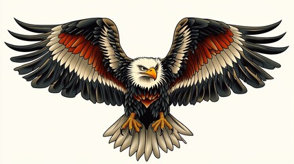 A bold and iconic American traditional style eagle tattoo design, featuring a majestic eagle with outstretched wings, sharp talons, and a patriotic vibe.