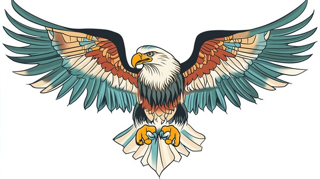 A bold and iconic American traditional style eagle tattoo design, featuring a majestic eagle with outstretched wings, sharp talons, and a patriotic vibe.