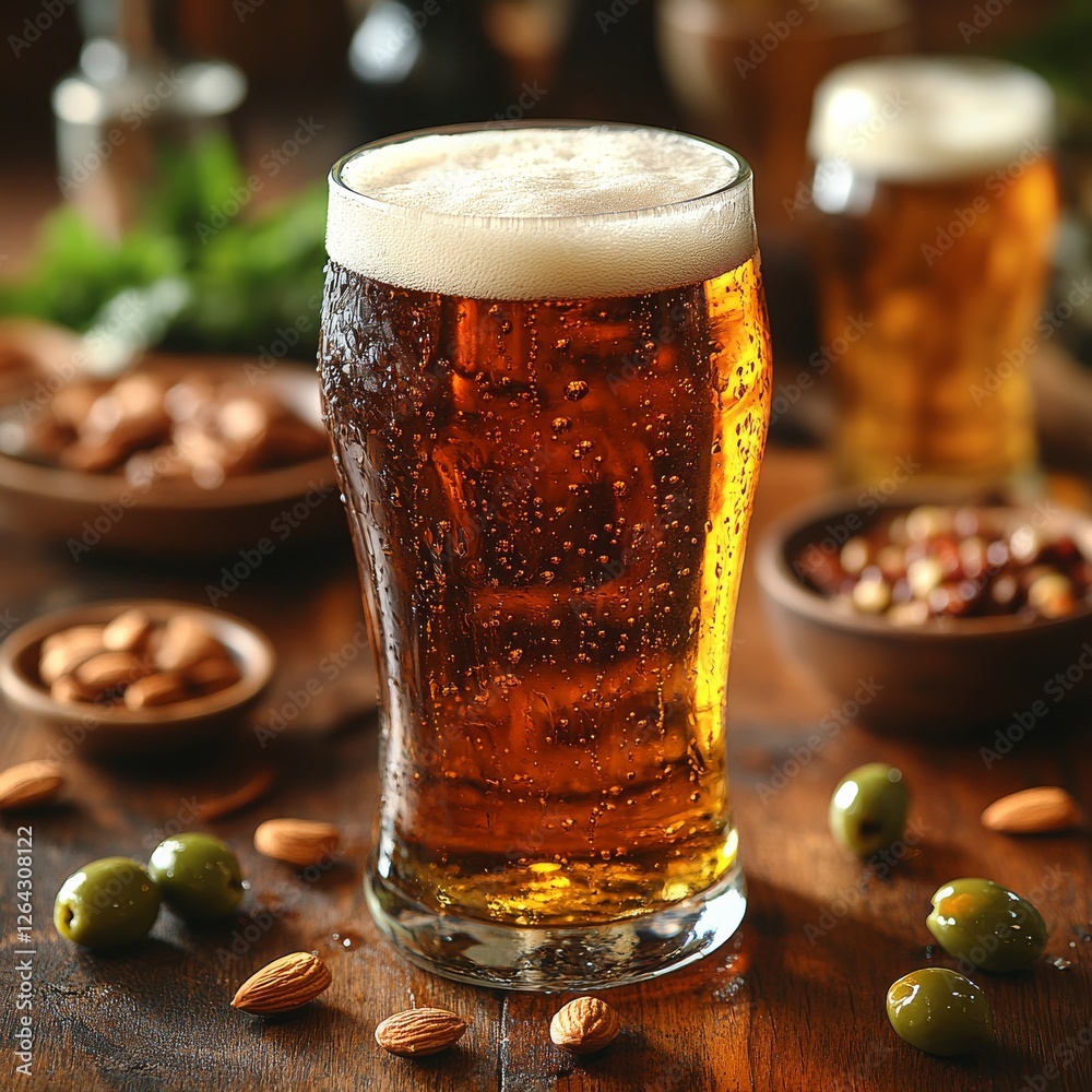Poster enjoying a refreshing beer: close-up of a cold pint with frothy head, paired with almonds and olives