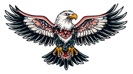 A bold and iconic American traditional style eagle tattoo design, featuring a majestic eagle with outstretched wings, sharp talons, and a patriotic vibe.