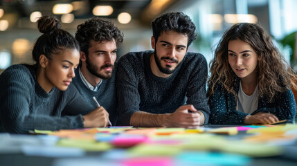 Diverse group of professionals collaborating on creative project ideas