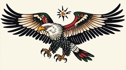 A bold and iconic American traditional style eagle tattoo design, featuring a majestic eagle with outstretched wings, sharp talons, and a patriotic vibe.