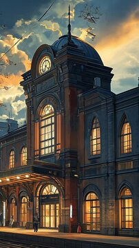 Beautiful sunset over a historic train station with people arriving and departing, showcasing architectural details