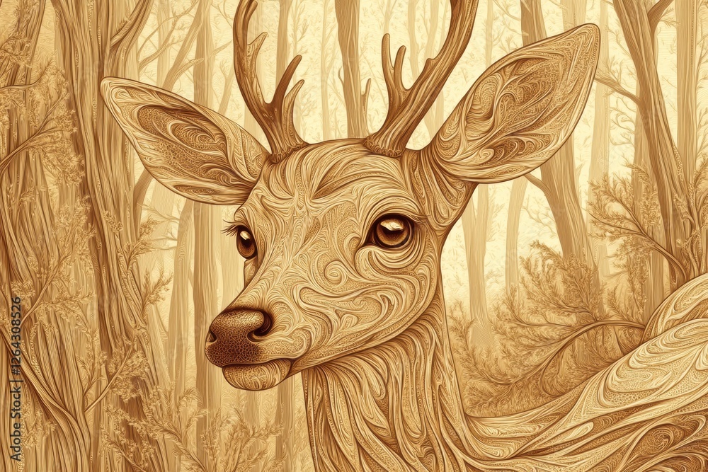 Leinwandbilder Intricate engraved deer portrait with elaborate line work and sepia tones for artistic display and personalization. Generative AI
