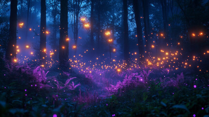 Fototapeta premium Magic night forest with neon fireflies. Vector cartoon illustration of dark glade with old trees, grass and fantasy purple plants glowing in moonlight, fairytale scenery, mysterious natural landscape