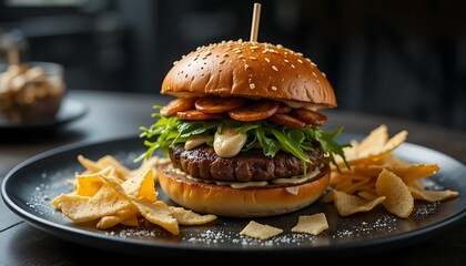 Delicious Gourmet Burger with Crispy Chips on a Stylish Plate