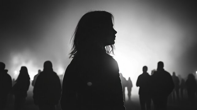 Fototapeta Silhouetted girl, night crowd, fog, event, pensive, solitude, poster