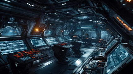 Alien team in spaceship data center room vector. Blockchain cube and cloud storage technology solution illustration. hosting system hardware in warehouse with rack full of computer equipment inside.