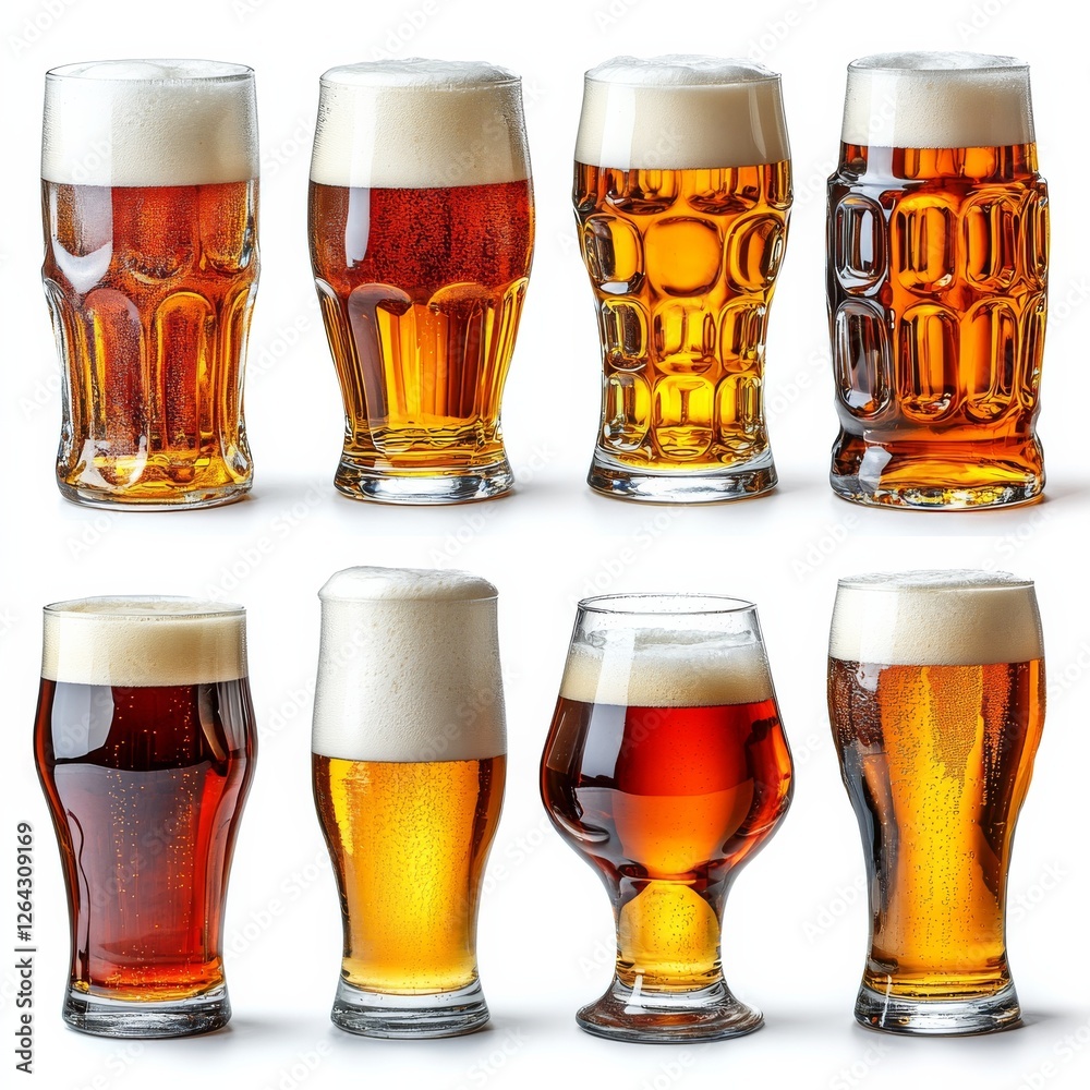 Poster refreshing beer selection: eight glasses of various beer styles with frothy head, isolated on white 