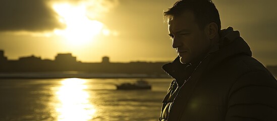 Fototapeta premium Man Contemplates Sunset Cityscape