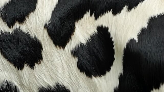 Close-up view of a black and white cowhide showcasing the unique spots and textures of the animal's fur during daylight