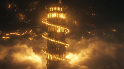 Obraz premium Narrow Victorian Tower with Spiraling Lights in a Dreamy Atmosphere