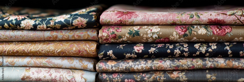 Poster close up of beautifully patterned fabrics with floral and geometric designs, perfect for crafting or
