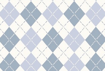 繊細なパステルアーガイルデザイン - 赤ちゃんの部屋の装飾に最適な、グレーとラベンダーの繊細なラインが特徴の、シームレスなライトブルーとホワイトのパターン、フラットベクター

