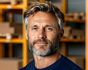 Obraz premium Warehouse worker smiles. Boxes are visible in the background. Possible stock image generative AI