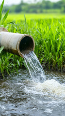 Water pours into a ditch from a pipe, irrigating the green fields behind generative AI