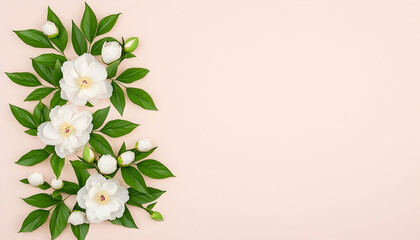 White peony flowers with lush green leaves on a pink background, for Spring sale generative AI