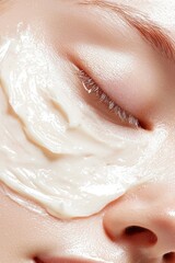Fototapeta premium Cream application on skin. Close up of healthy skincare, soft background. For beauty