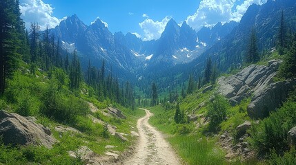 Fototapeta premium Scenic mountain landscape with a winding path through lush greenery and towering peaks