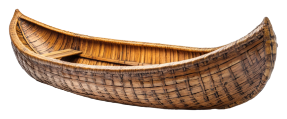 Traditional bamboo canoe in serene natural waterscape environment isolated on transparent background