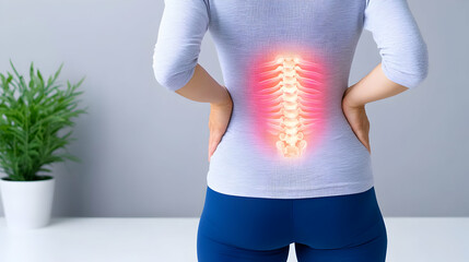 Woman holds her back, showing the spine. Concept for back pain or medical ads generative AI