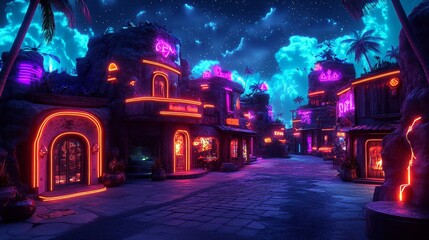 Neon Nightscape Enchanting Fantasy Town Illuminated Streetscape Digital Art