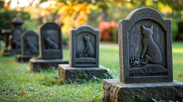 Pet cemetery day landscape, tombstone with footprint inscription and animal monument, cartoon vector. Gravestones, obelisk, ossuary or crypt with cats and dogs figures on green grass lawn background