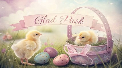 A whimsical Swedish Easter greeting card with adorable fluffy baby chickens, pastel-colored eggs, and a charming basket. A festive banner with "Glad Påsk" adds a traditional and warm holiday touch.