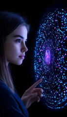 Naklejka premium Woman touching an interactive screen with network display for tech product use generative AI
