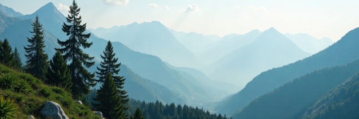 Fototapeta premium Tall evergreen conifers stand sentinel amidst misty mountain landscape, evergreen, mountains, trees