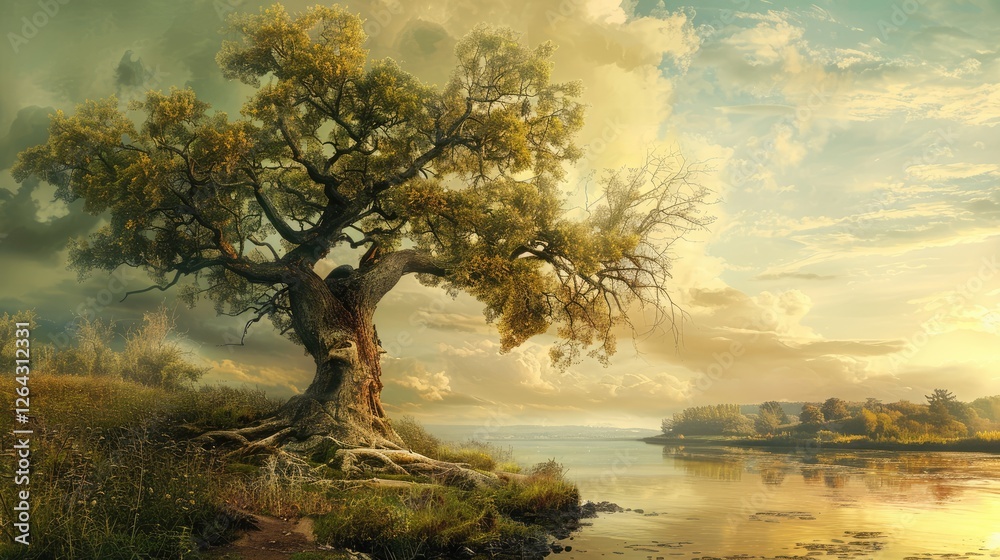 Wall mural Majestic tree by a serene riverbank under a dramatic sky, showcasing nature's beauty and tranquility