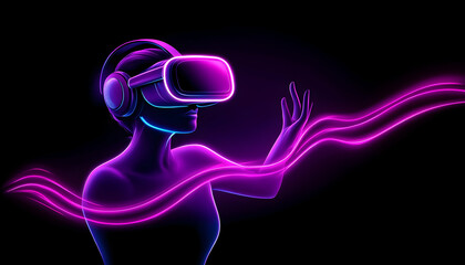 Woman wears VR headset in digital neon abstract dark virtual reality experience generative AI