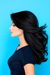 Fototapeta premium Woman with glossy black hair posing in profile against a vibrant blue backdrop generative AI