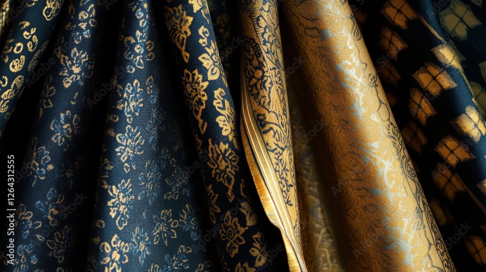 Poster Close up view of patterned fabrics showcasing intricate floral and geometric designs with space for creative text insertion. Generative AI