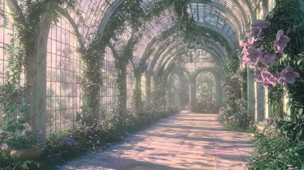 Serene Pastel-Hued Greenhouse with Lush Floral Accents