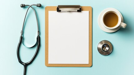 Medical workspace featuring a stethoscope, clipboard, and coffee cup on a turquoise background