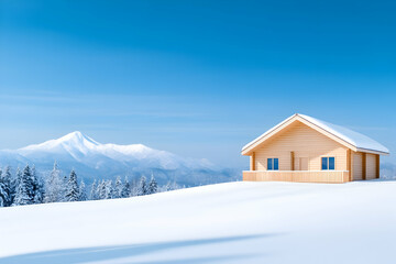 Naklejka premium Wooden house on snowy hill with mountain background. Holiday home for winters generative AI