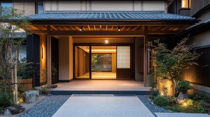 The entrance of a traditional Japanese house is well lit