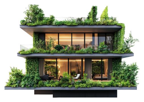 Modern city building sustainable green architecture solutions isolated on transparent background