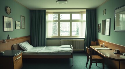 Fototapeta premium Simple, minimalist hotel room with a bed and desk. Perfect for representing themes of solitude, rest, or simple living.