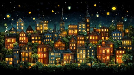 Enchanted Night Village Starry Sky Dreamy Town Illuminated Houses Cozy Homescape