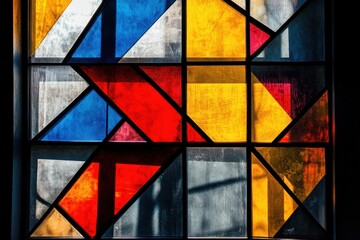 Colorful abstract stained glass window with geometric patterns shines brightly