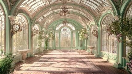 Fototapeta premium Elegant Salon with Tinted Glass and Lush Greenery in Natural Light