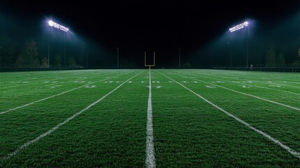 Fototapeta premium Night Football Field: Luminous Green Turf, Dramatic Lighting